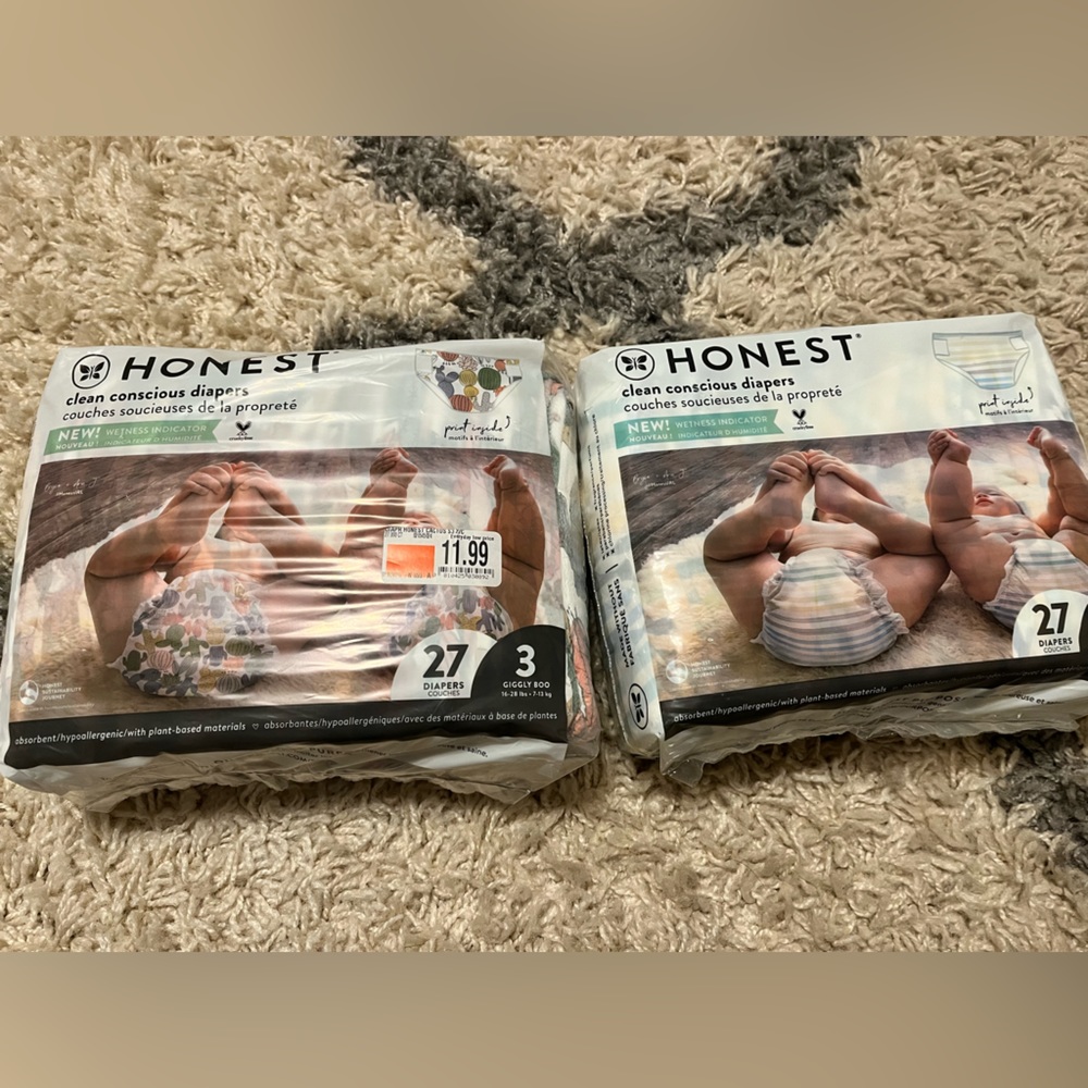 2 pack of size 3 honest diapers (27 count each) NWT